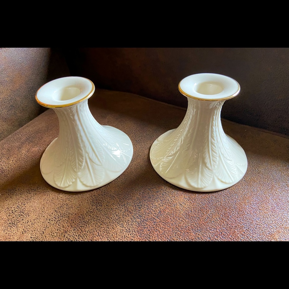 Lenox Candlesticks - pair - with leafy texture, gold trim NIB